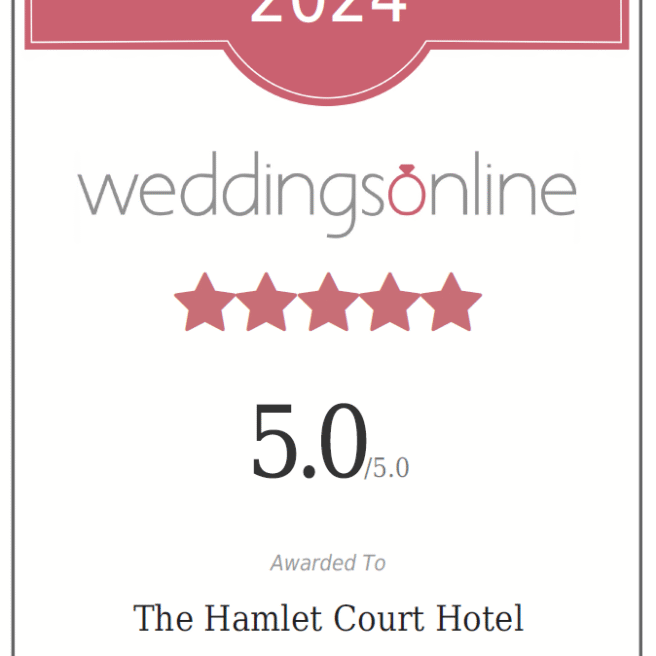 Wedding award certificate for Hamlet Court Hotel, rating 5 out of 5 stars.