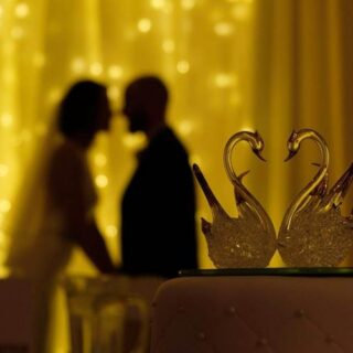 Elegant setting with glass swans and a couple in silhouette, warm golden lighting.