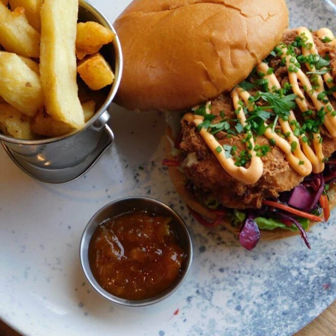 Delicious chicken burger with chips at Hamlet Court Hotel.