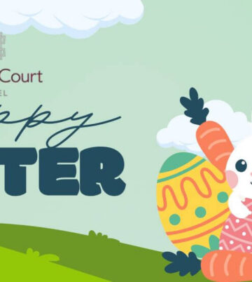 Happy Easter banner with bunny and carrots at Hamlet Court Hotel.