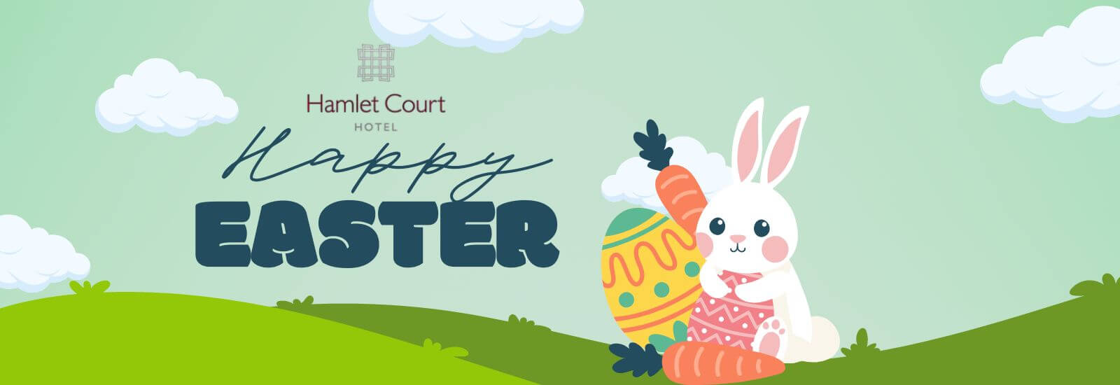 Happy Easter banner with bunny and carrots at Hamlet Court Hotel.