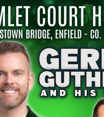 Hamlet Court Hotel event poster with green background, featuring Gerry Guthrie and his band.