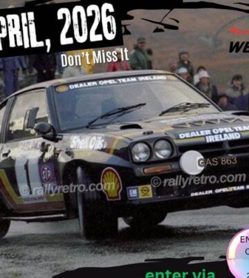 Rally car racing on a wet road with April 2026 event details in bold.