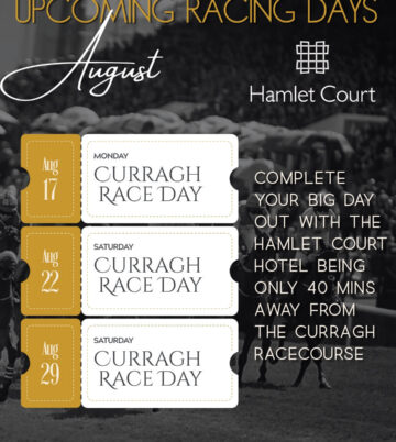 Elegant August race days promotion at Hamlet Court Hotel with racecourse proximity noted.